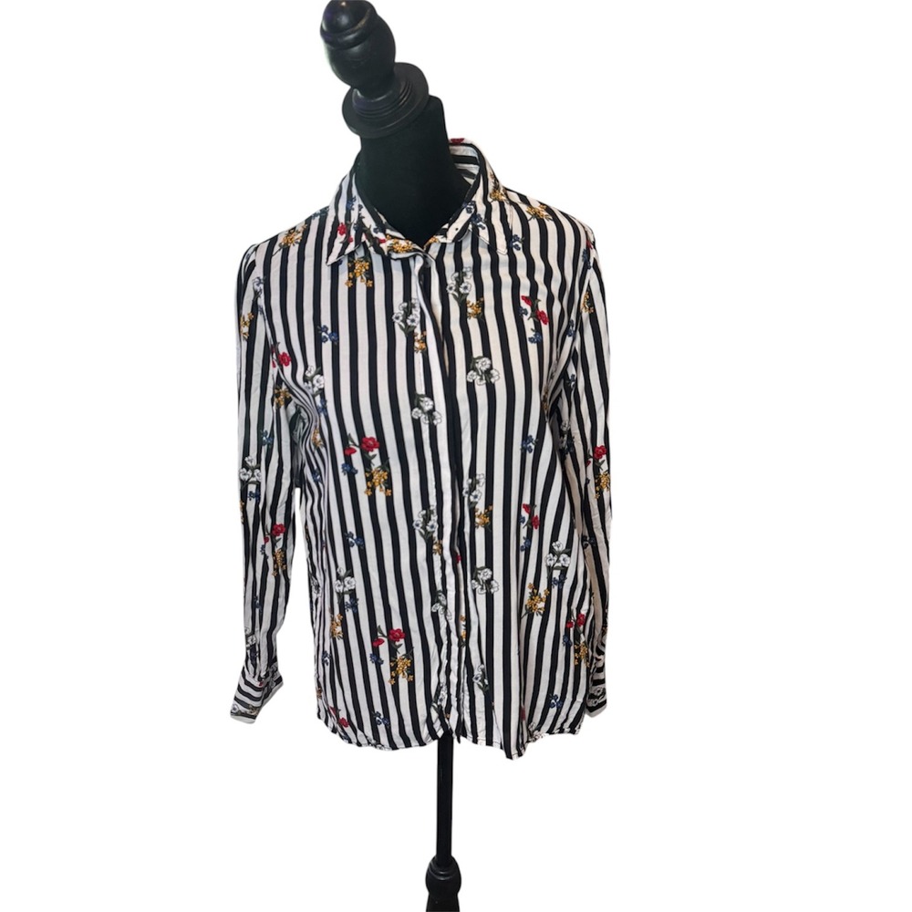 Eclectic Maximalist Black White Striped Colorful Floral Print Top Women S Grunge
